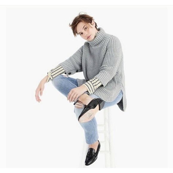 J Crew Button Sleeve Turtleneck Poncho Sweater XXS Gray Chunky Knit Cotton Wool - Picture 1 of 5